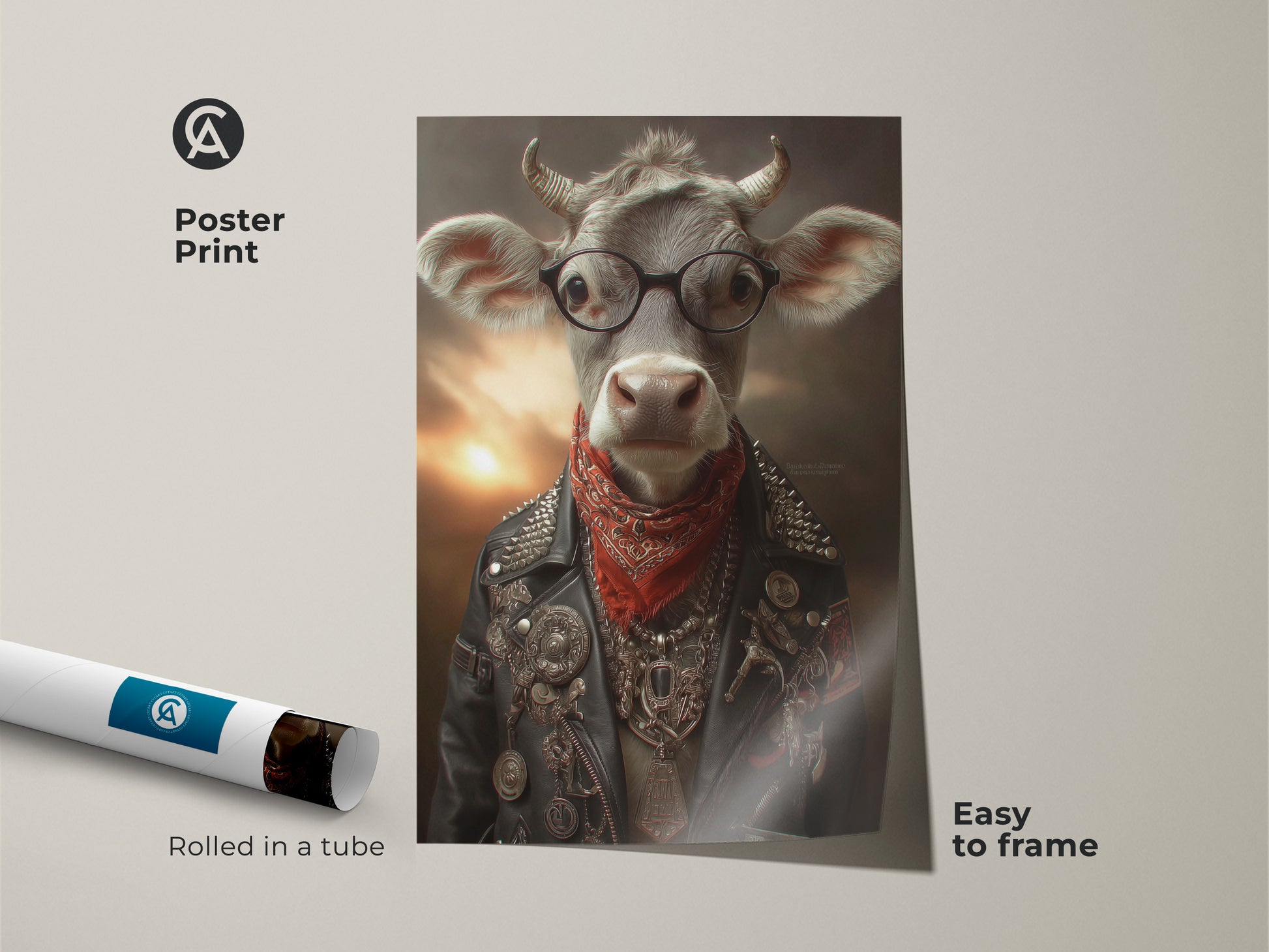 Funny Cow Poster Print A cool poster print of a cow dressed as a biker adds a punk rock edge. This humorous animal decor is easy to frame and great as entryway wall decor.