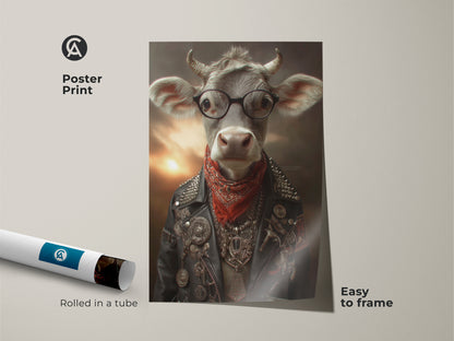 Funny Cow Poster Print A cool poster print of a cow dressed as a biker adds a punk rock edge. This humorous animal decor is easy to frame and great as entryway wall decor.
