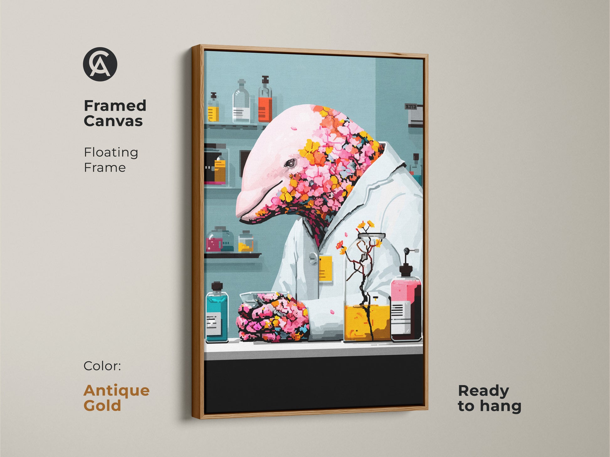 Framed canvas of surreal dolphin artwork with a white floating frame. This unique gift for scientist displays a pink floral animal wall art. This science lover wall decor piece is ready to hang. It is the perfect eclectic office wall hanging