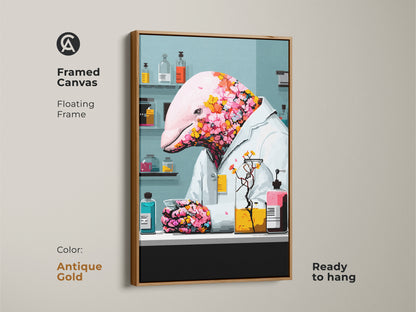 Framed canvas of surreal dolphin artwork with a white floating frame. This unique gift for scientist displays a pink floral animal wall art. This science lover wall decor piece is ready to hang. It is the perfect eclectic office wall hanging