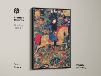 A framed canvas print of a medieval knight on horseback is featured. The floating frame is black. The emerald green and gold tapestry art is ready to hang. This historical fantasy artwork adds an eclectic touch to any room. It is ideal for those who appreciate classic wall art.