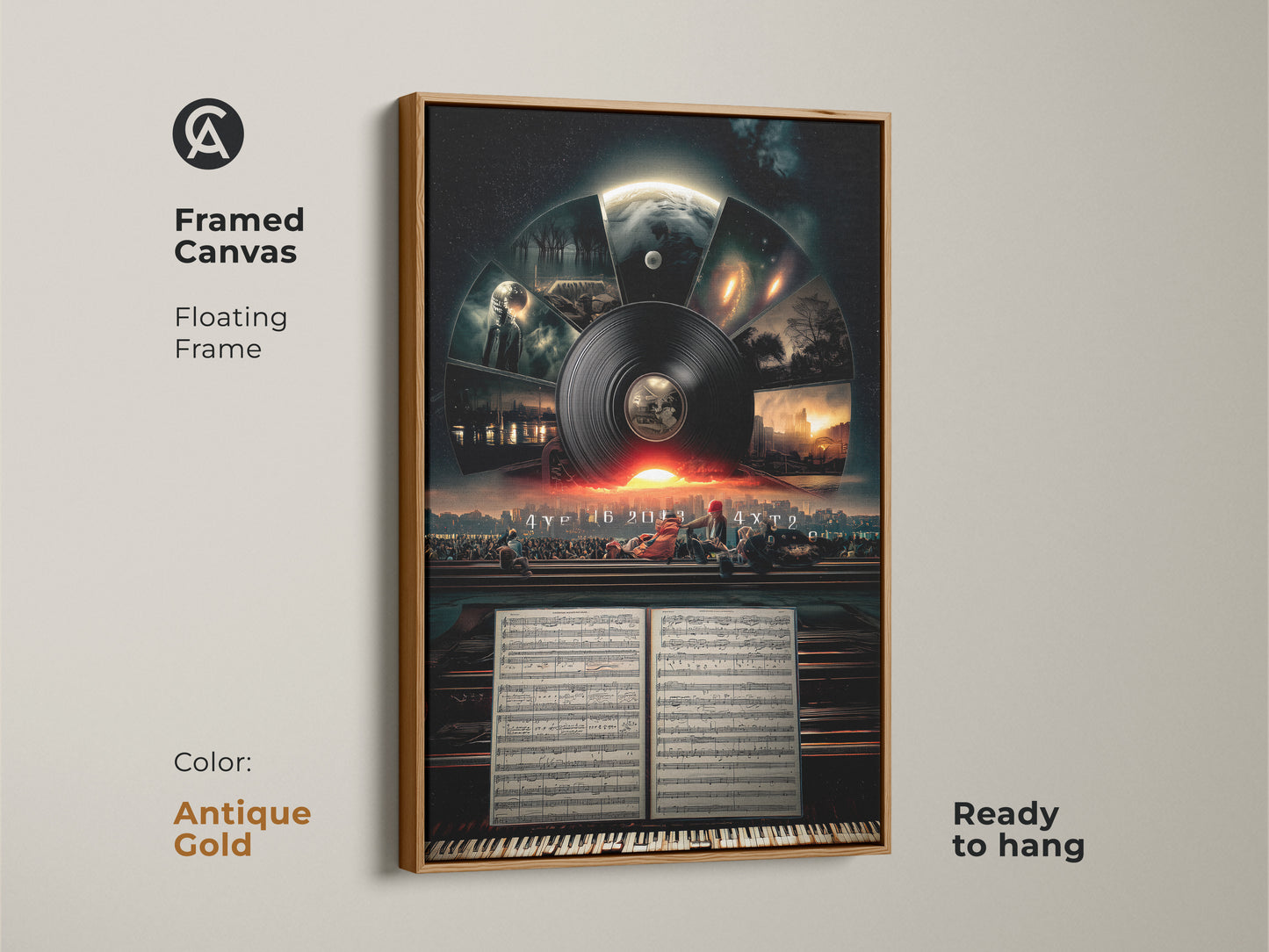 Framed canvas displays a floating frame in antique gold color. Ready to hang conceptual space artwork showcases a blend of surreal music and cityscape art. Perfect for eclectic decor.