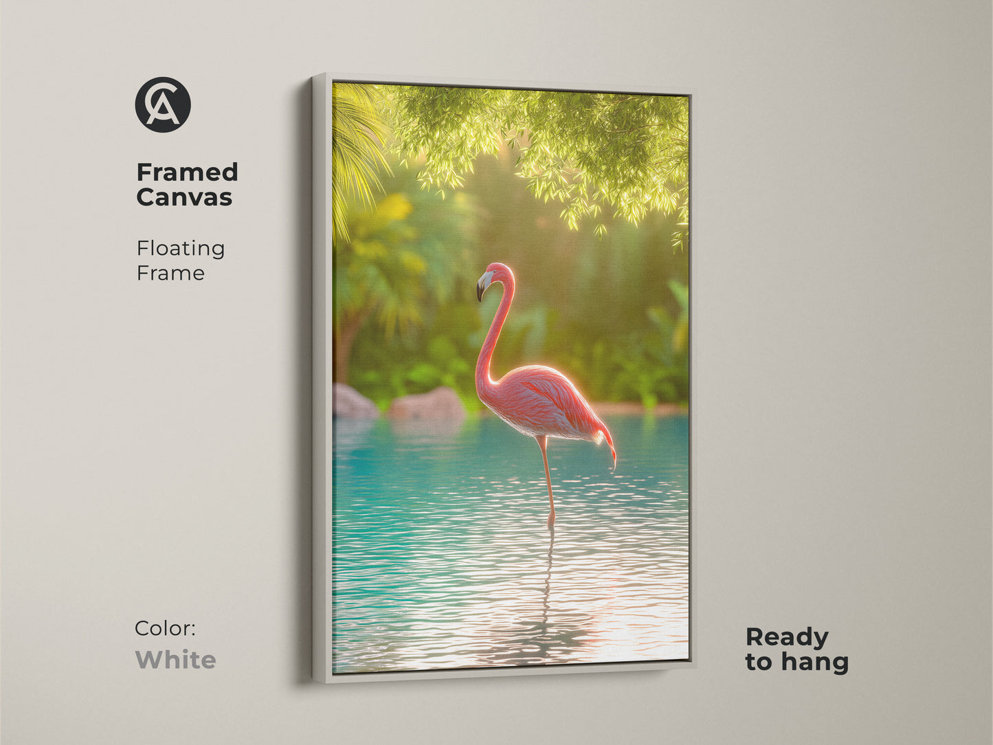 Framed canvas showing a pink flamingo in turquoise water. The white floating frame offers a clean modern aesthetic. Ready to hang this coastal artwork brings a fresh vibe. Perfect for brightening up a bedroom or living room. Add tropical paradise wall art.