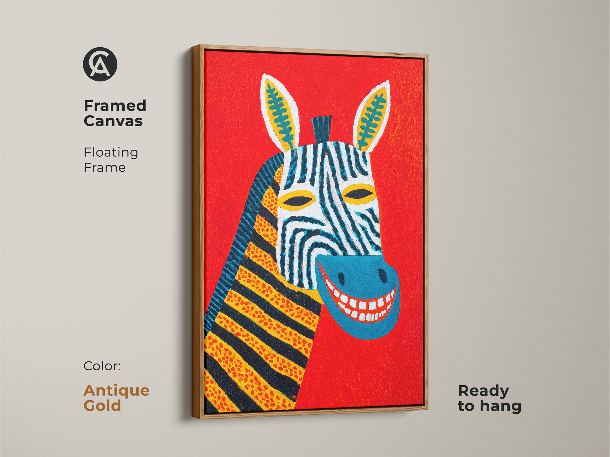 Framed canvas print. This shows an abstract zebra artwork in an antique gold floating frame. The folk art animal print adds a bright accent. This colorful artwork gift is ready to hang elevating any wall.