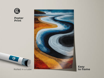 Poster print of abstract beach landscape. The vibrant ocean view canvas is easy to frame. Rolled in a tube for convenient shipping. A unique boho wall art in a blue and orange color palette.