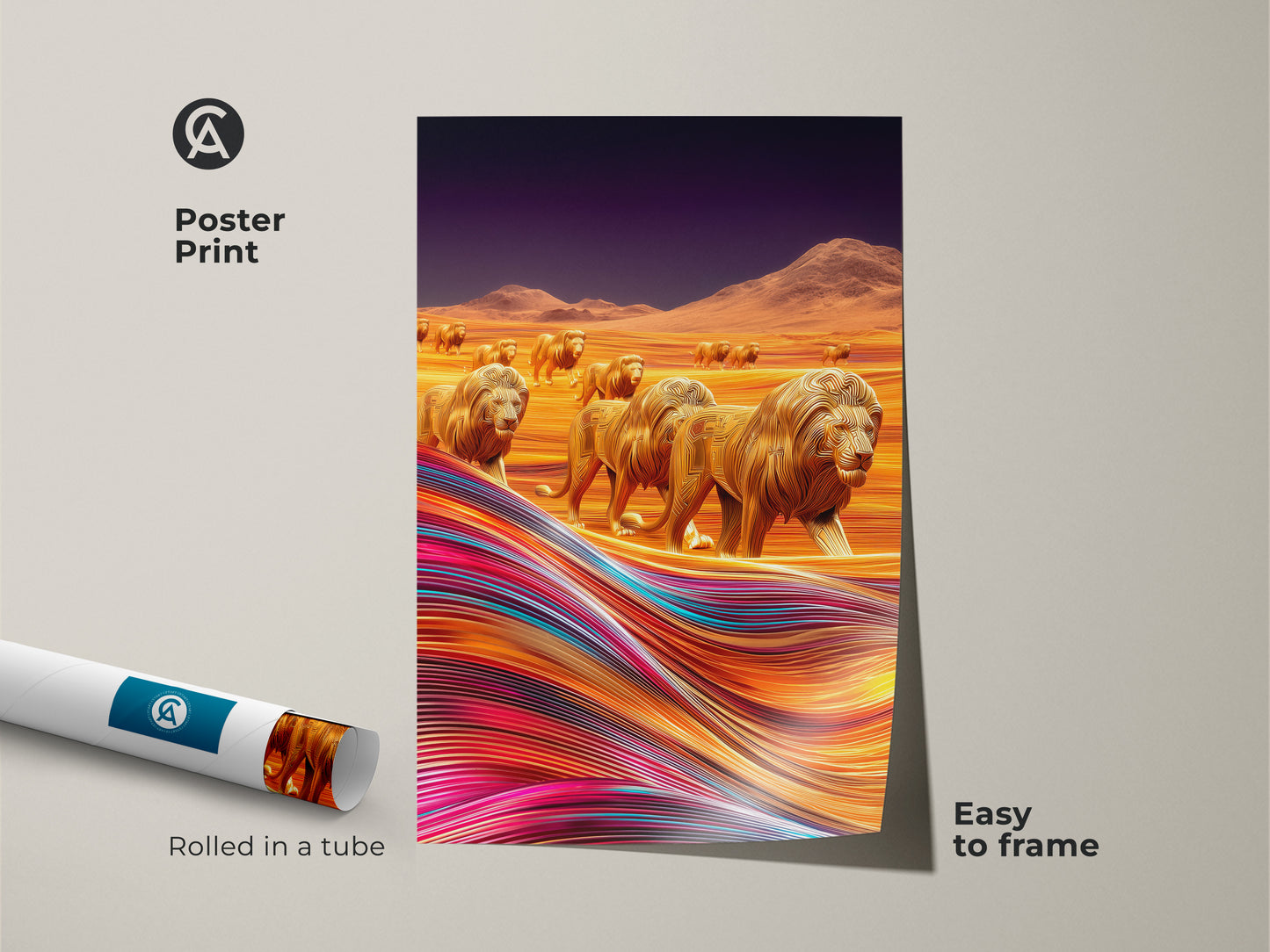 A poster print of golden lions in an abstract savanna setting. This contemporary animal artwork is easy to frame. Rolled in a tube for protection. It features a vibrant flowing desert landscape. A perfect addition to any modern home.