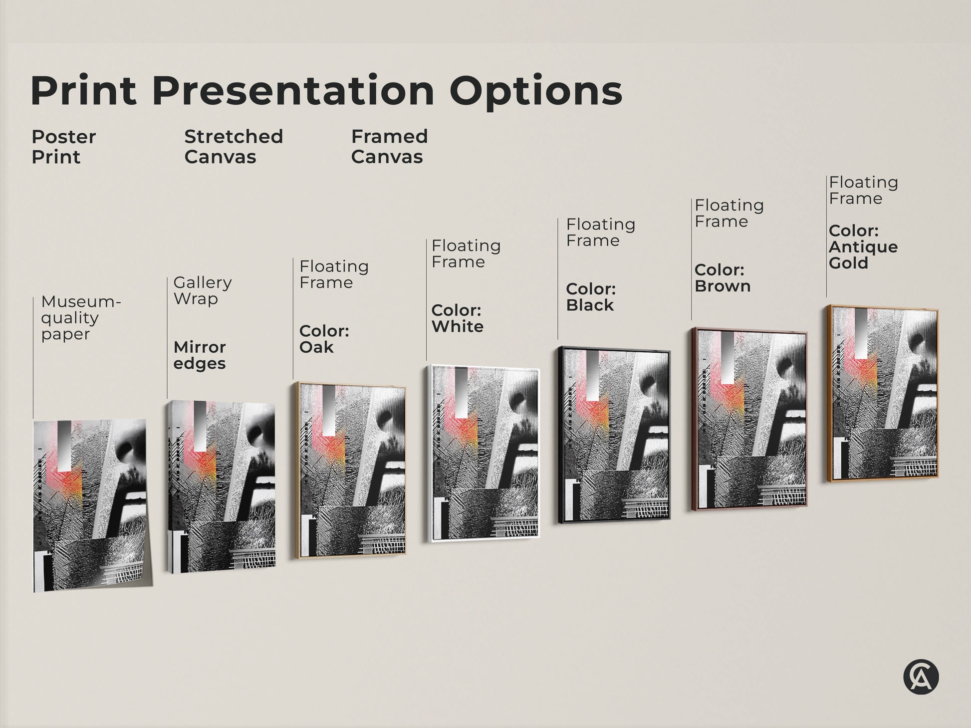 Print Presentation Options shows a Glitch Art piece available as a poster print stretched canvas and framed canvas. The abstract geometric face collage features black white and red mixed media wall art.