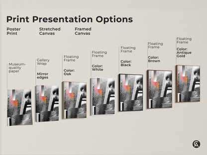 Print Presentation Options shows a Glitch Art piece available as a poster print stretched canvas and framed canvas. The abstract geometric face collage features black white and red mixed media wall art.
