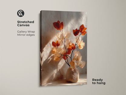 Stretched canvas of a Terracotta Bougainvillea art print. Gallery wrap with mirror edges showcases the cream and burnt orange vase artwork. This boho botanical wall art is ready to hang. Organic modern still life canvas for plant art lovers.