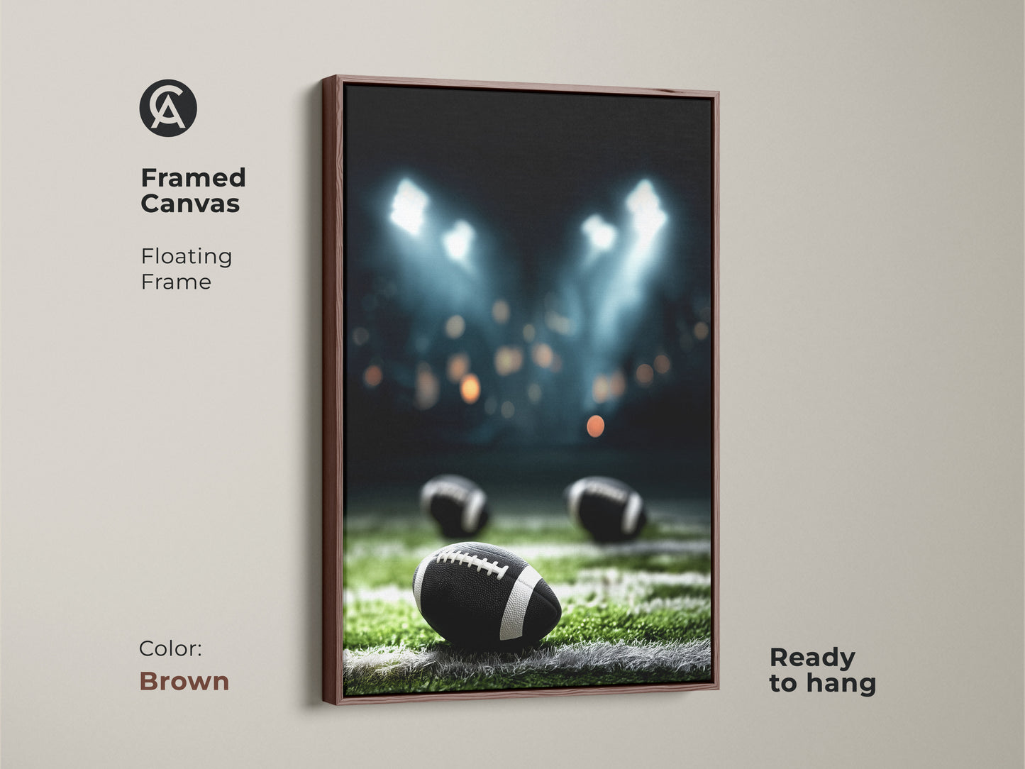 Brown Framed Canvas featuring an American Football night game under stadium lights. This sports artwork is ready to hang with a floating frame. Perfect for adding athletic decor to a man cave or sports bar. A great gift for football enthusiasts. The green field art brings the excitement of the game to your walls. Enhance your space with this realistic print.
