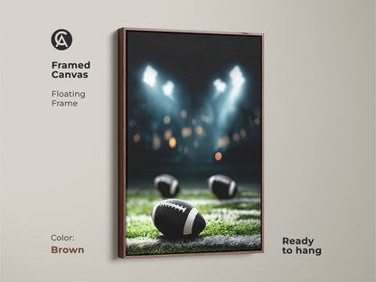 Brown Framed Canvas featuring an American Football night game under stadium lights. This sports artwork is ready to hang with a floating frame. Perfect for adding athletic decor to a man cave or sports bar. A great gift for football enthusiasts. The green field art brings the excitement of the game to your walls. Enhance your space with this realistic print.