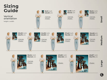Sizing guide for the realistic baobab tree artwork. Various vertical sizes are displayed. The sizes range from small medium and large. The artwork is available as a canvas or poster. This African landscape canvas art brings boho travel decor to any room. Find the perfect size for your space.