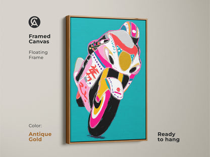 Framed canvas print of a graffiti racer with an antique gold floating frame. Teal abstract art adds energy to your walls. Ideal as a unique gift for an F1 fan or as modern sports art. Get this pop art motorcycle painting ready to hang in your home.