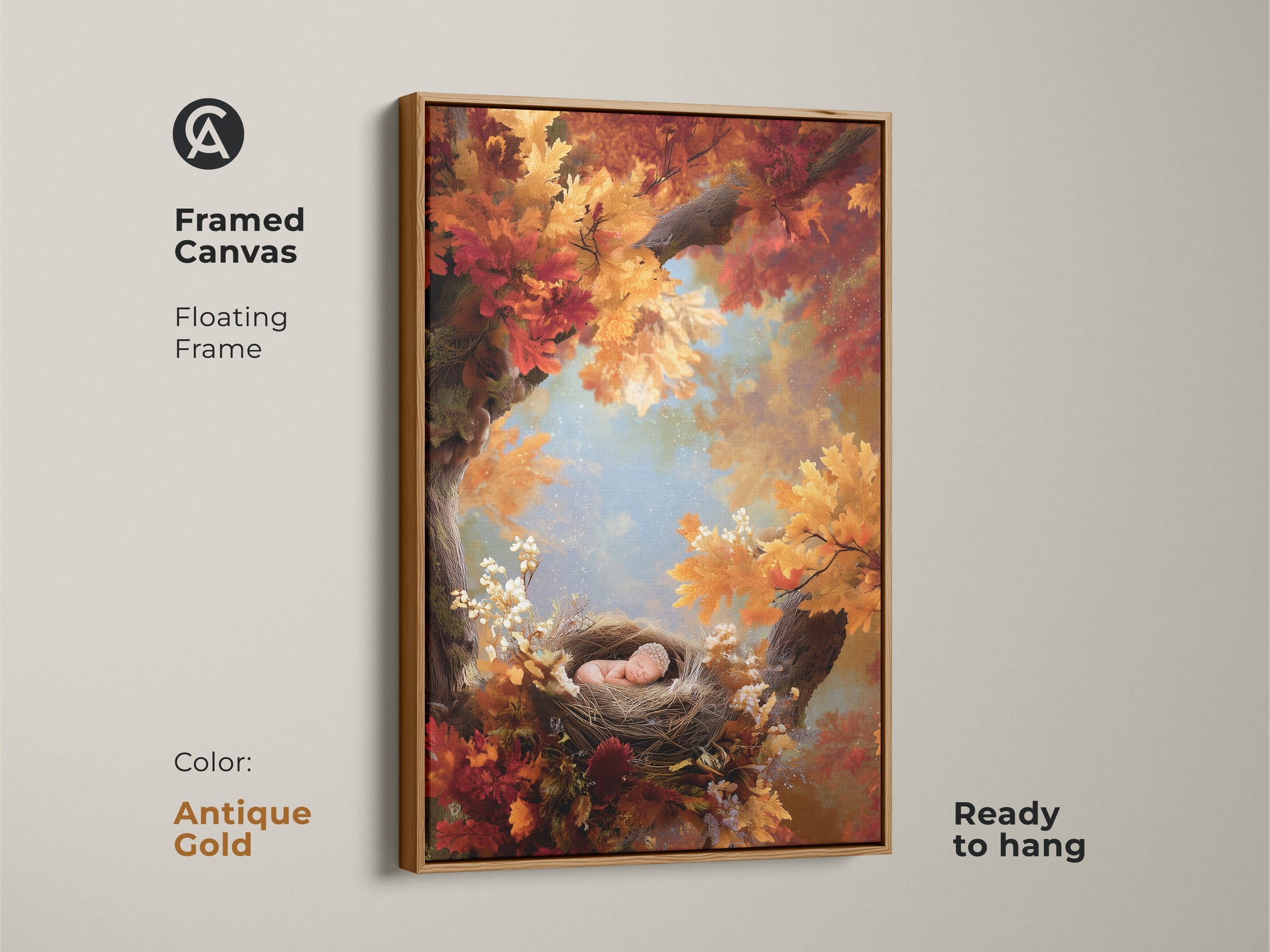 Framed canvas artwork with an antique gold floating frame. It features a sleeping baby in a nest surrounded by autumn leaves. This ready-to-hang piece adds a touch of vintage charm to your decor. Ideal for creating a cozy nursery atmosphere.