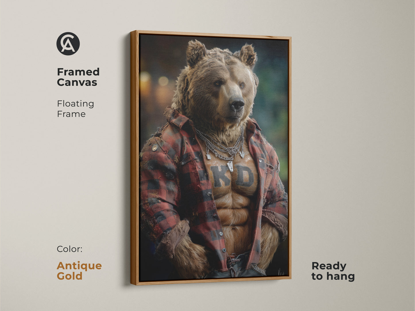 Framed canvas of a bear in a flannel shirt with an antique gold floating frame. This wildlife digital art is perfect for eclectic home decor. It is a gift for bear enthusiasts and lovers of unconventional art.
