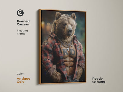Framed canvas of a bear in a flannel shirt with an antique gold floating frame. This wildlife digital art is perfect for eclectic home decor. It is a gift for bear enthusiasts and lovers of unconventional art.
