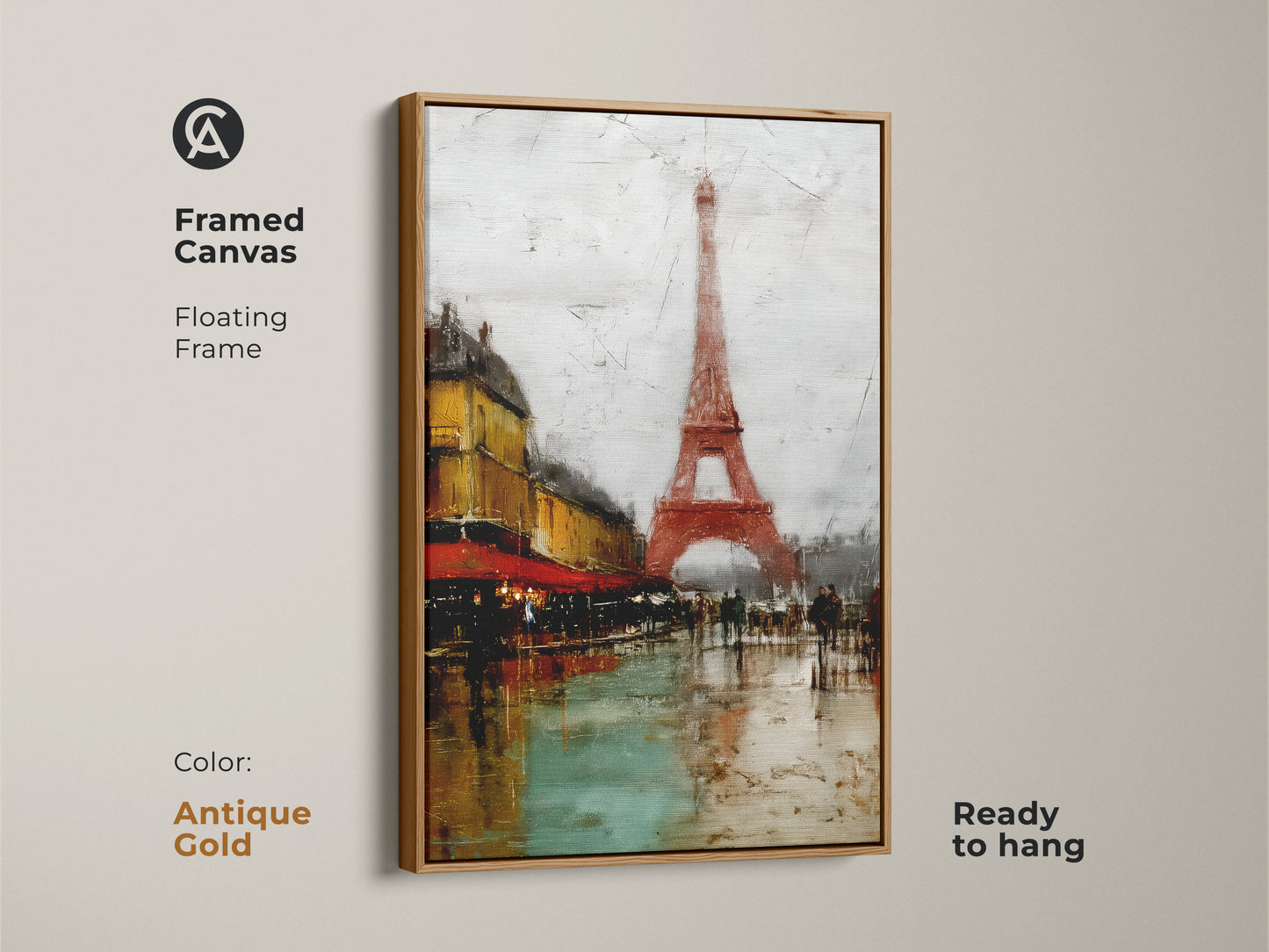 Framed Canvas with an Antique Gold Floating Frame showcasing Parisian cafe art featuring the Eiffel Tower. This cityscape art complements various decor styles. The yellow and teal art print brings urban life to your walls. It’s ideal as travel themed wall decor ready to hang.
