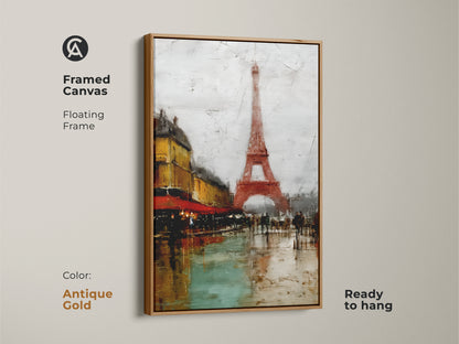 Framed Canvas with an Antique Gold Floating Frame showcasing Parisian cafe art featuring the Eiffel Tower. This cityscape art complements various decor styles. The yellow and teal art print brings urban life to your walls. It’s ideal as travel themed wall decor ready to hang.