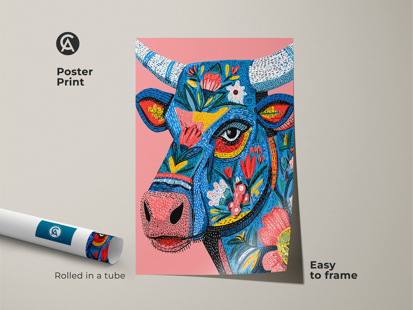 Poster print of a floral bull artwork rolled in a tube. This museum-quality paper print is easy to frame. The vibrant colors and intricate details make it a standout piece. Perfect for adding a touch of bohemian style to your living space. Buy now.