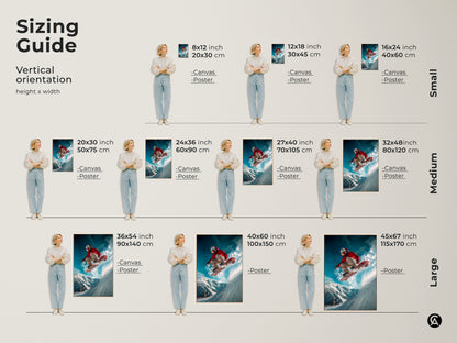 Explore the sizing guide for this snowboarder artwork. Vertical orientation options include canvas and poster prints. Find the perfect fit for your space with our range of sizes. Transform your walls with action-packed sports art. Choose the ideal size for your home today