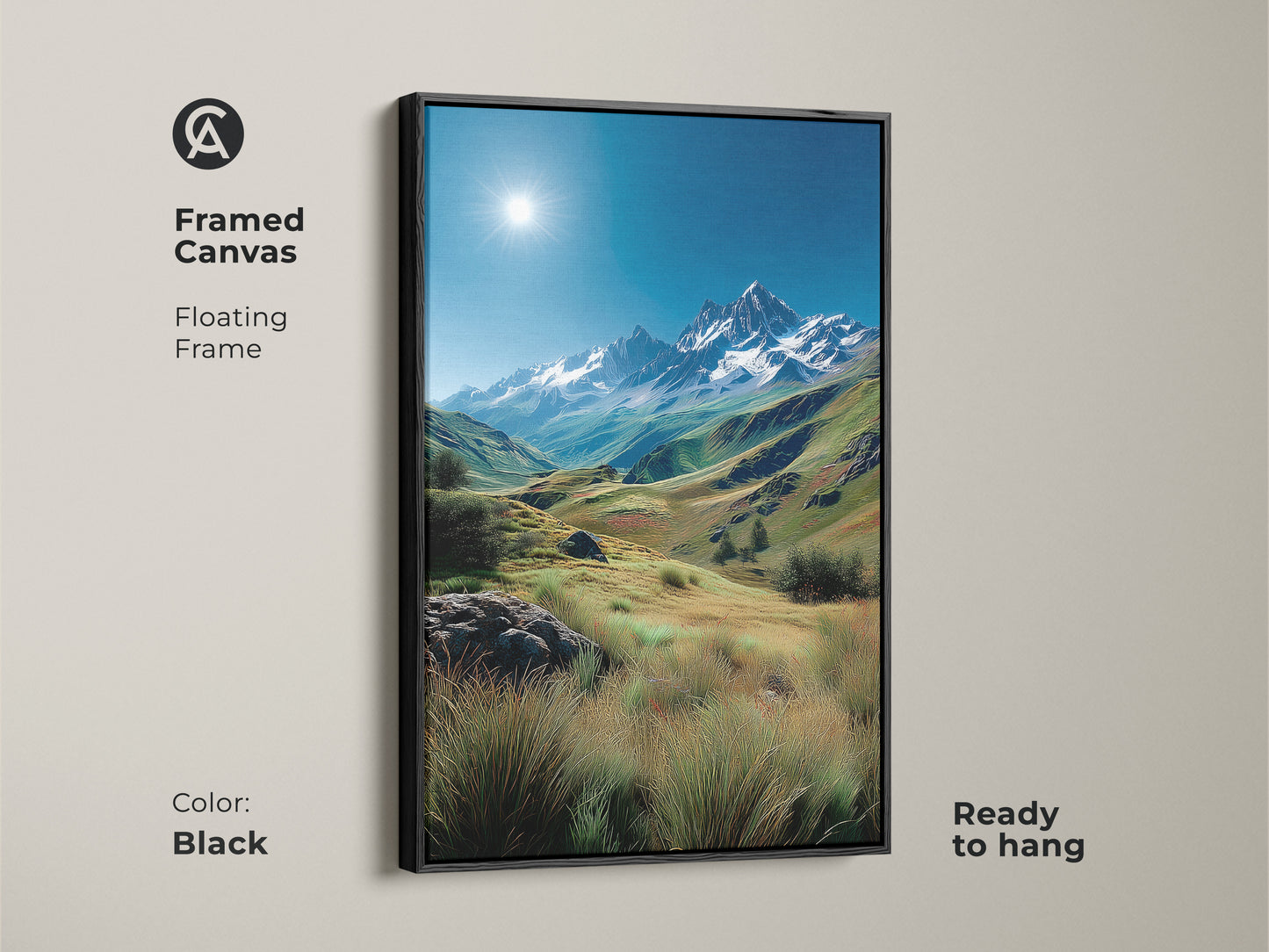 Framed canvas art featuring a mountain landscape in a floating black frame. This ready-to-hang artwork enhances any room with its natural beauty. The contrast of the frame and vibrant scene creates a sophisticated aesthetic for your walls.