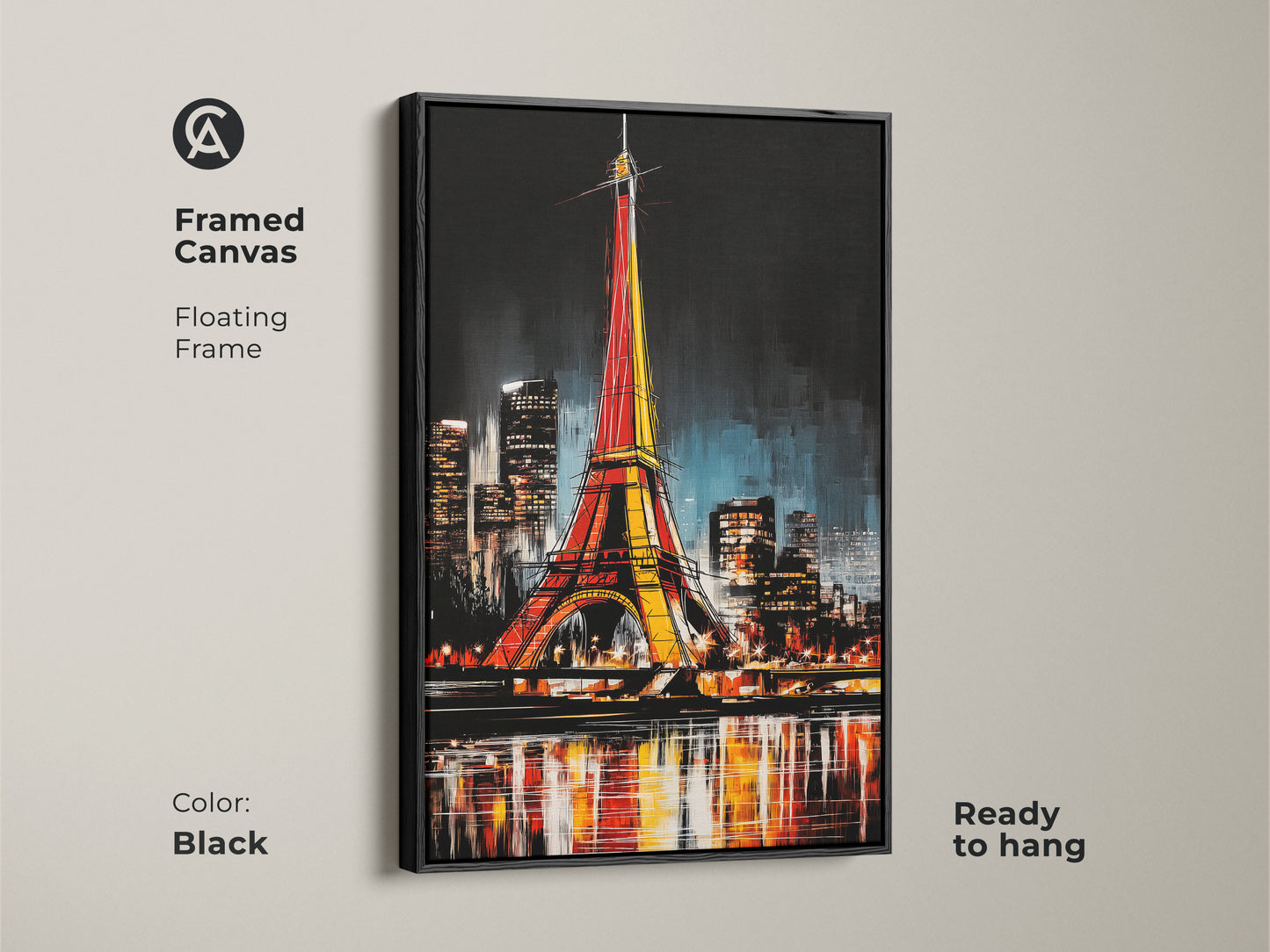 Black framed canvas displays a striking Eiffel Tower night scene. Ready to hang this floating frame enhances the contemporary artwork. The Paris cityscape art adds urban energy to your space.