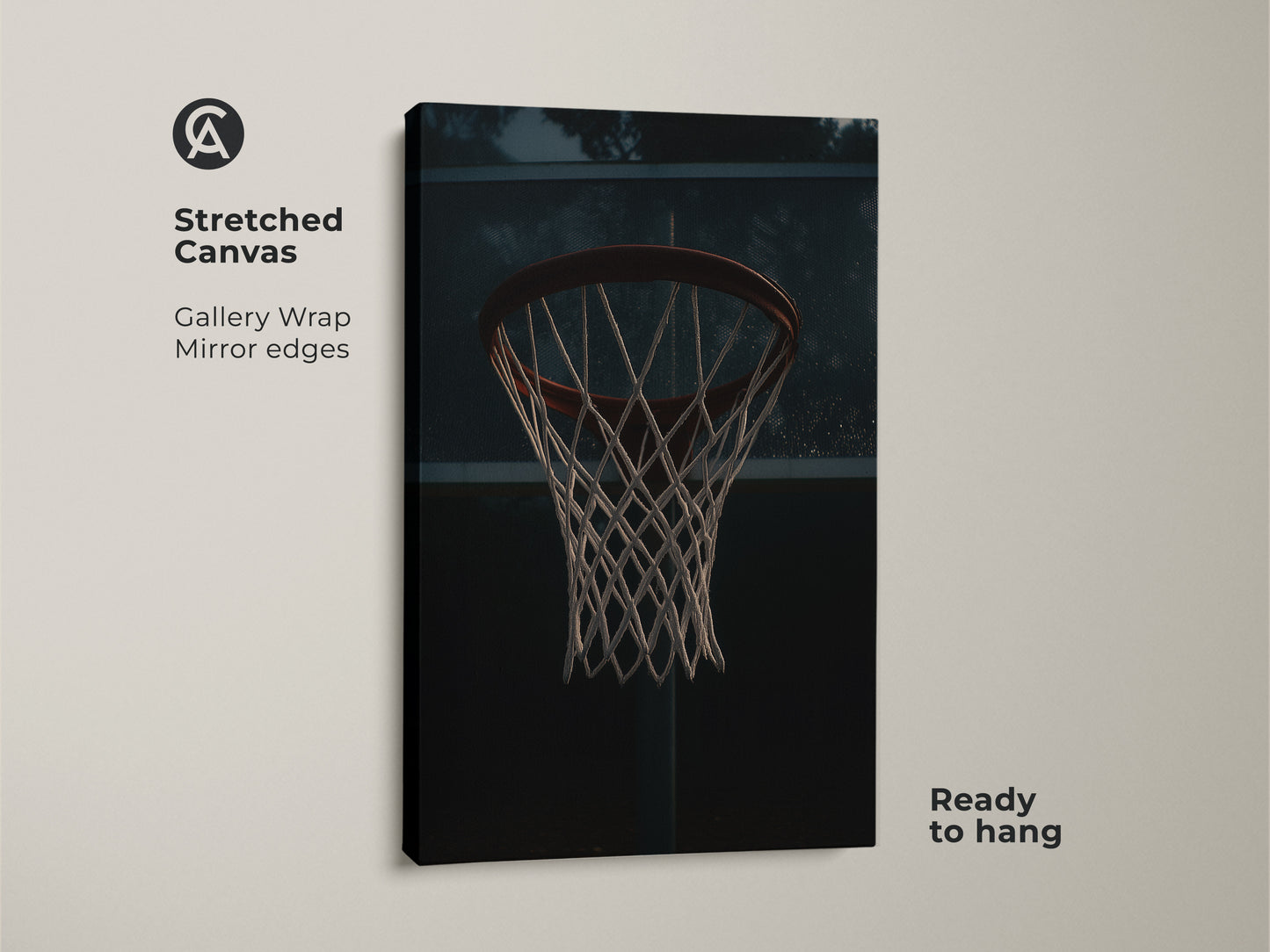 This stretched canvas features gallery-wrapped basketball hoop artwork. The mirror edges add a modern look to the industrial sports decor. Ready to hang this urban sports wall art is great for a man cave or game room.