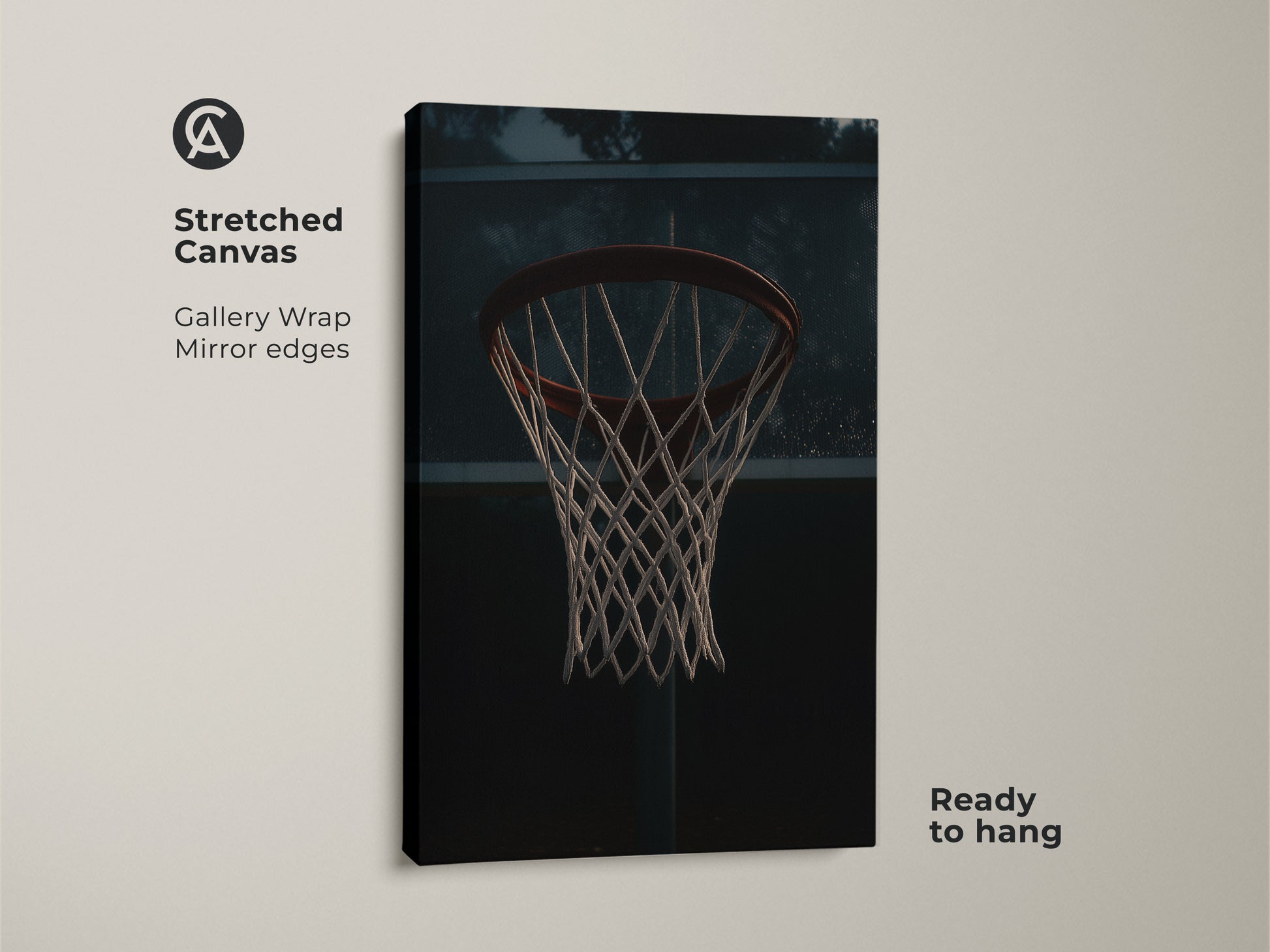 This stretched canvas features gallery-wrapped basketball hoop artwork. The mirror edges add a modern look to the industrial sports decor. Ready to hang this urban sports wall art is great for a man cave or game room.