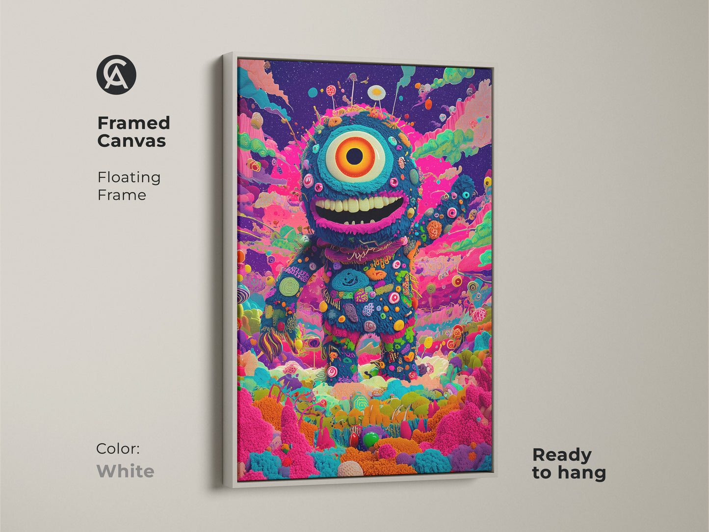 Framed canvas of a whimsical monster artwork. The floating frame is white. The colorful one-eyed character is ready to hang. This art adds a playful touch to your decor. The white frame provides a clean look. It enhances the vibrant colors.
