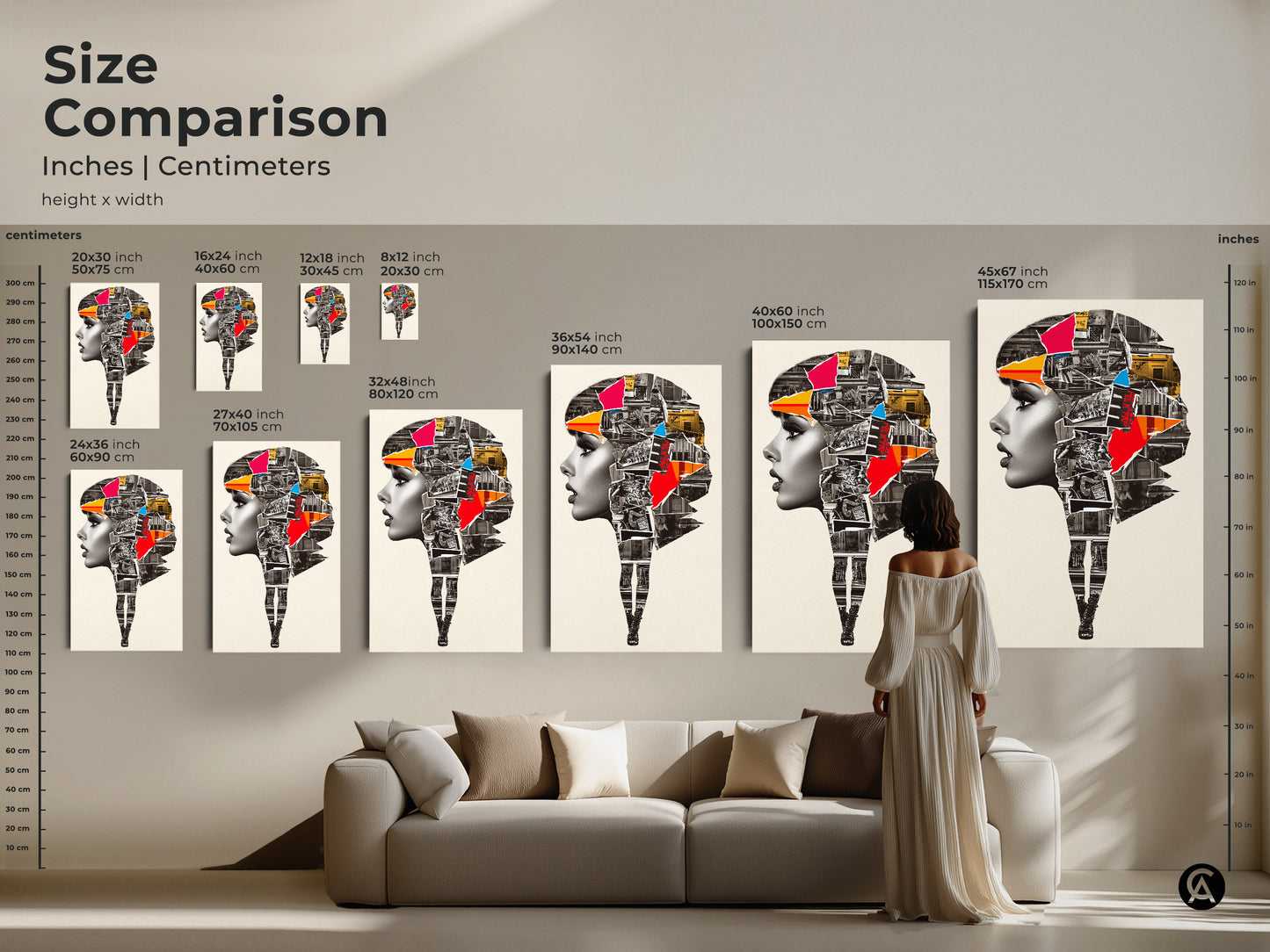 Size comparison of the Abstract Woman Portrait art. See inches and centimeters for various sizes. The urban collage mixed media canvas artwork fits perfectly above a sofa. Find the ideal scale for your modern home.