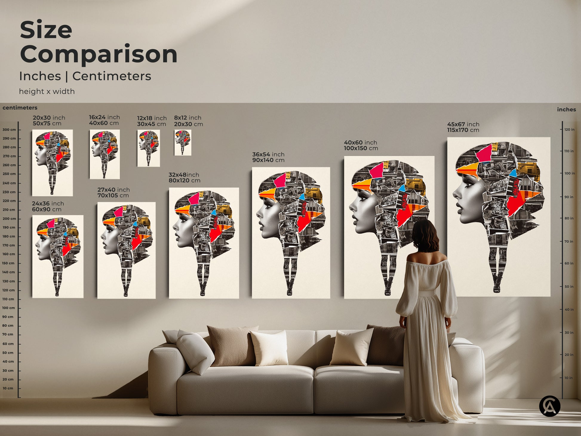 Size comparison of the Abstract Woman Portrait art. See inches and centimeters for various sizes. The urban collage mixed media canvas artwork fits perfectly above a sofa. Find the ideal scale for your modern home.