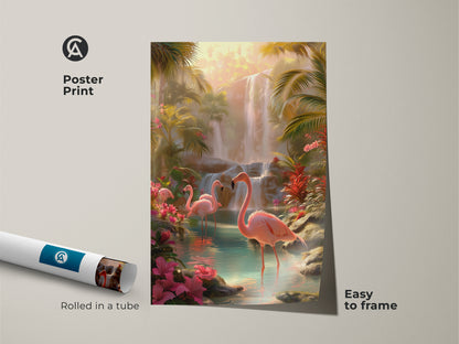 Poster print of a tropical paradise with flamingos and a waterfall. Rolled in a tube for easy framing. This boho bedroom decor art brings the beauty of nature indoors. Wildlife art for living room a serene touch.