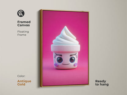 Framed canvas featuring kawaii ice cream cone artwork. This cute soft serve art is in an antique gold floating frame. The pink abstract food wall art is ready to hang. It's perfect as kids birthday gift art.