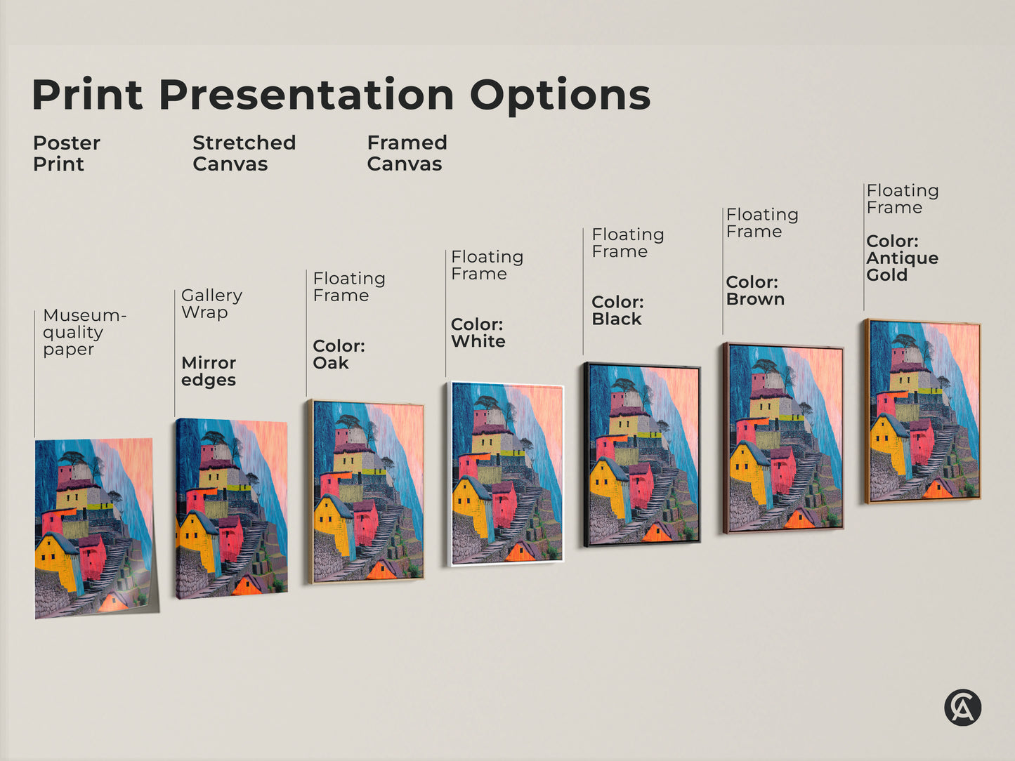 Explore print presentation options for abstract Machu Picchu art. Choose from poster prints stretched canvas or framed canvas. Each features colorful terraced hillsides perfect for boho wall decor. Various frame colors are available to suit your style.