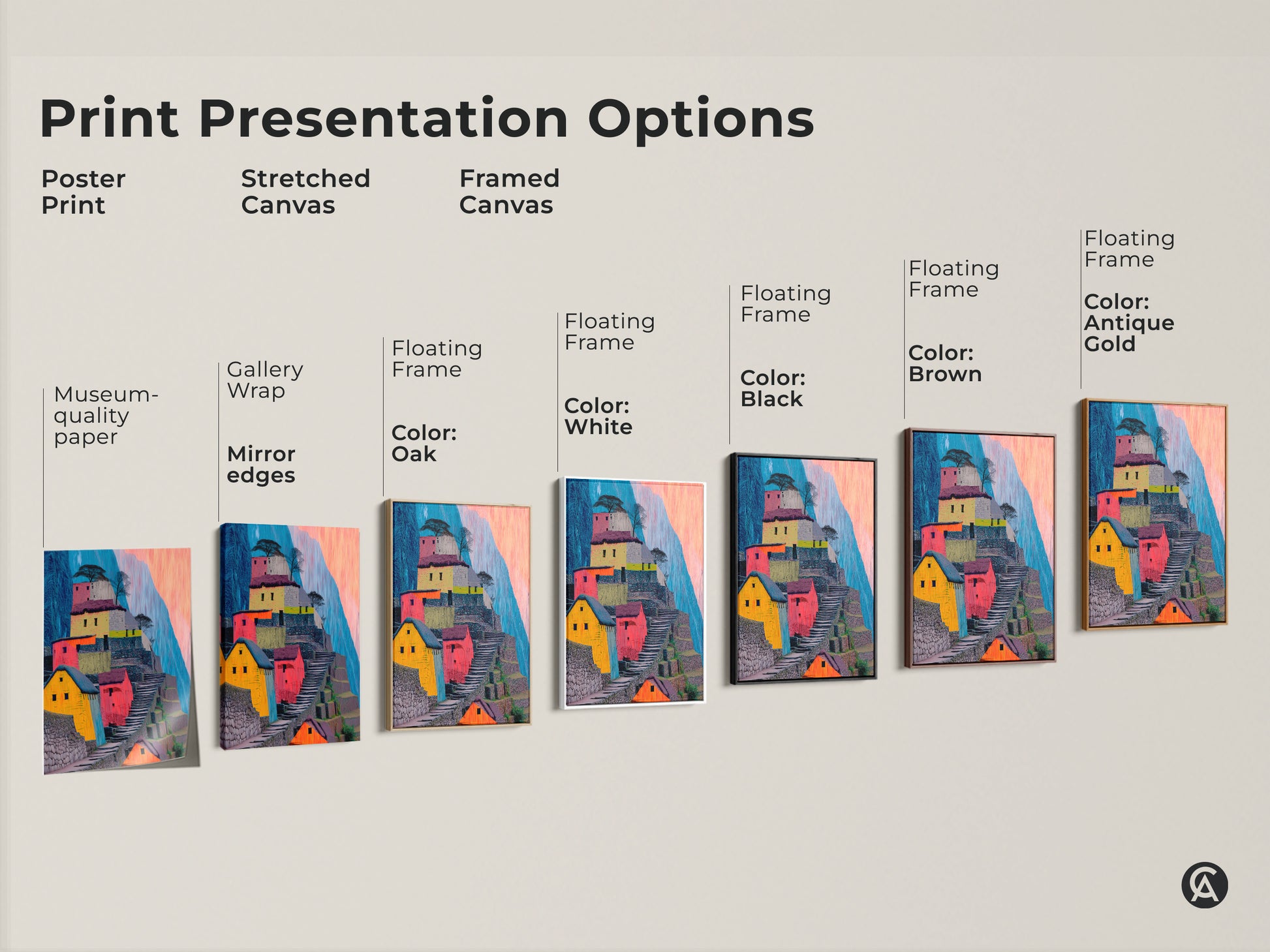Explore print presentation options for abstract Machu Picchu art. Choose from poster prints stretched canvas or framed canvas. Each features colorful terraced hillsides perfect for boho wall decor. Various frame colors are available to suit your style.