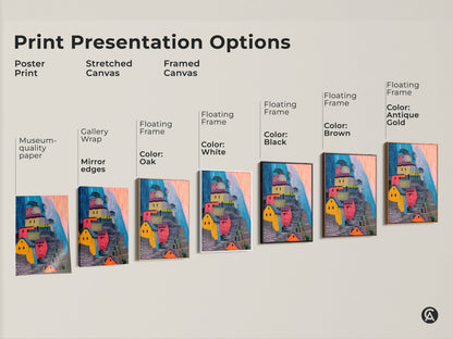 Explore print presentation options for abstract Machu Picchu art. Choose from poster prints stretched canvas or framed canvas. Each features colorful terraced hillsides perfect for boho wall decor. Various frame colors are available to suit your style.