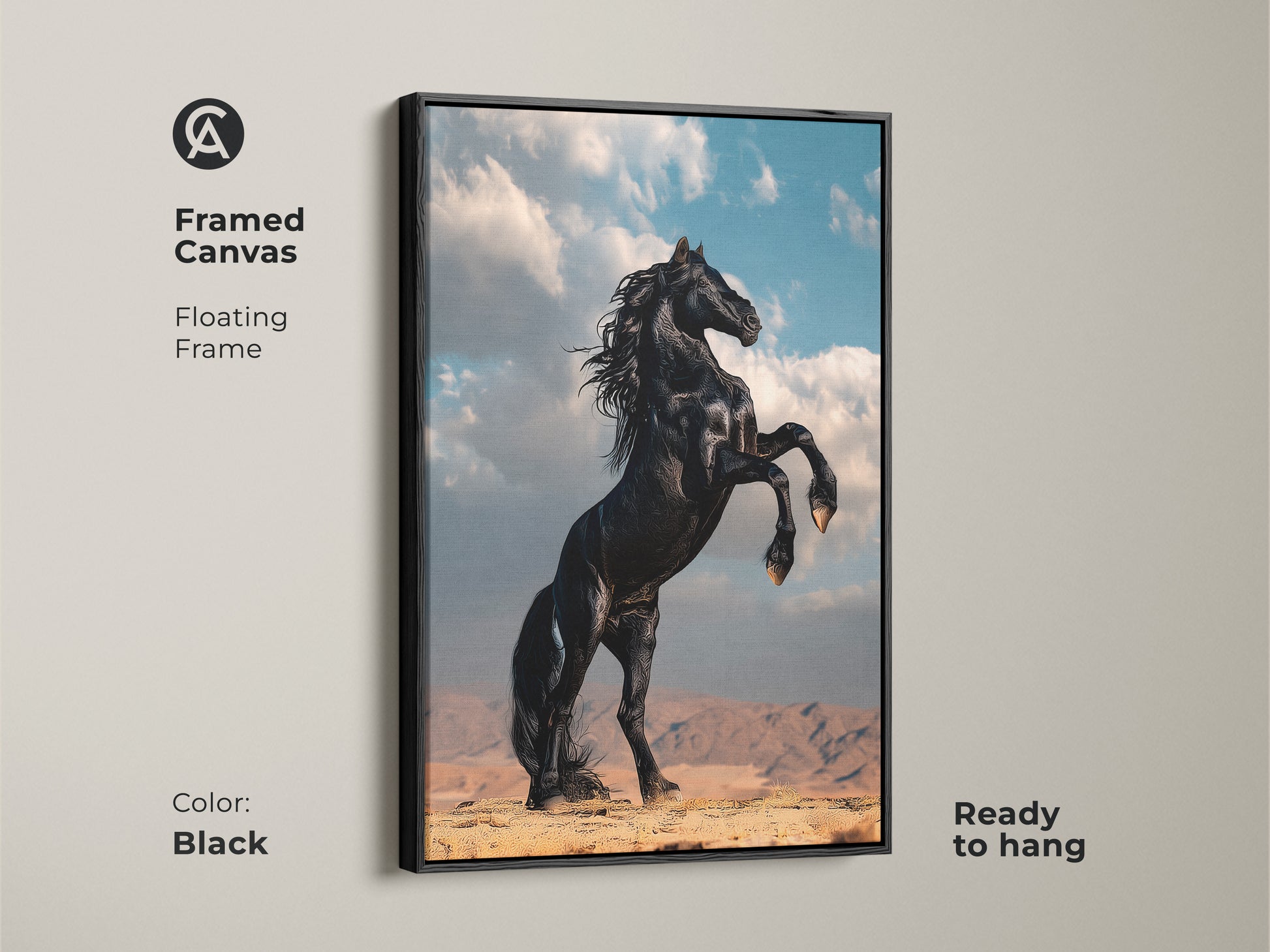Framed canvas of a rearing black horse. Floating frame adds elegance. The rustic equestrian artwork is ready to hang. This piece enhances your home decor.