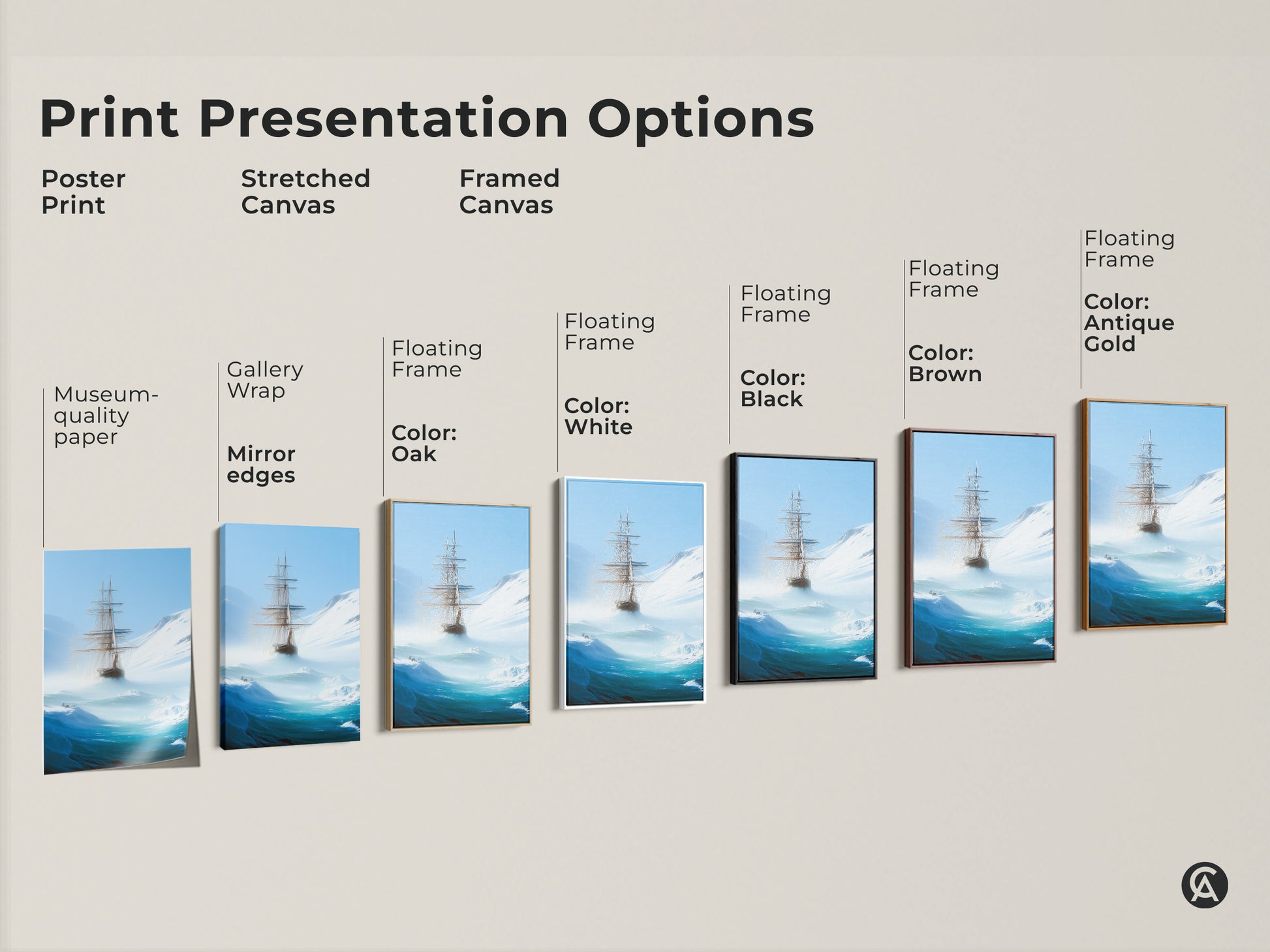 Explore print presentation options with this ocean adventure canvas. Choose from poster print stretched canvas or framed canvas options. Find museum-quality paper gallery wrap and floating frame styles. With colors like white black brown oak and antique gold this deep blue nautical art fits any study room decor.