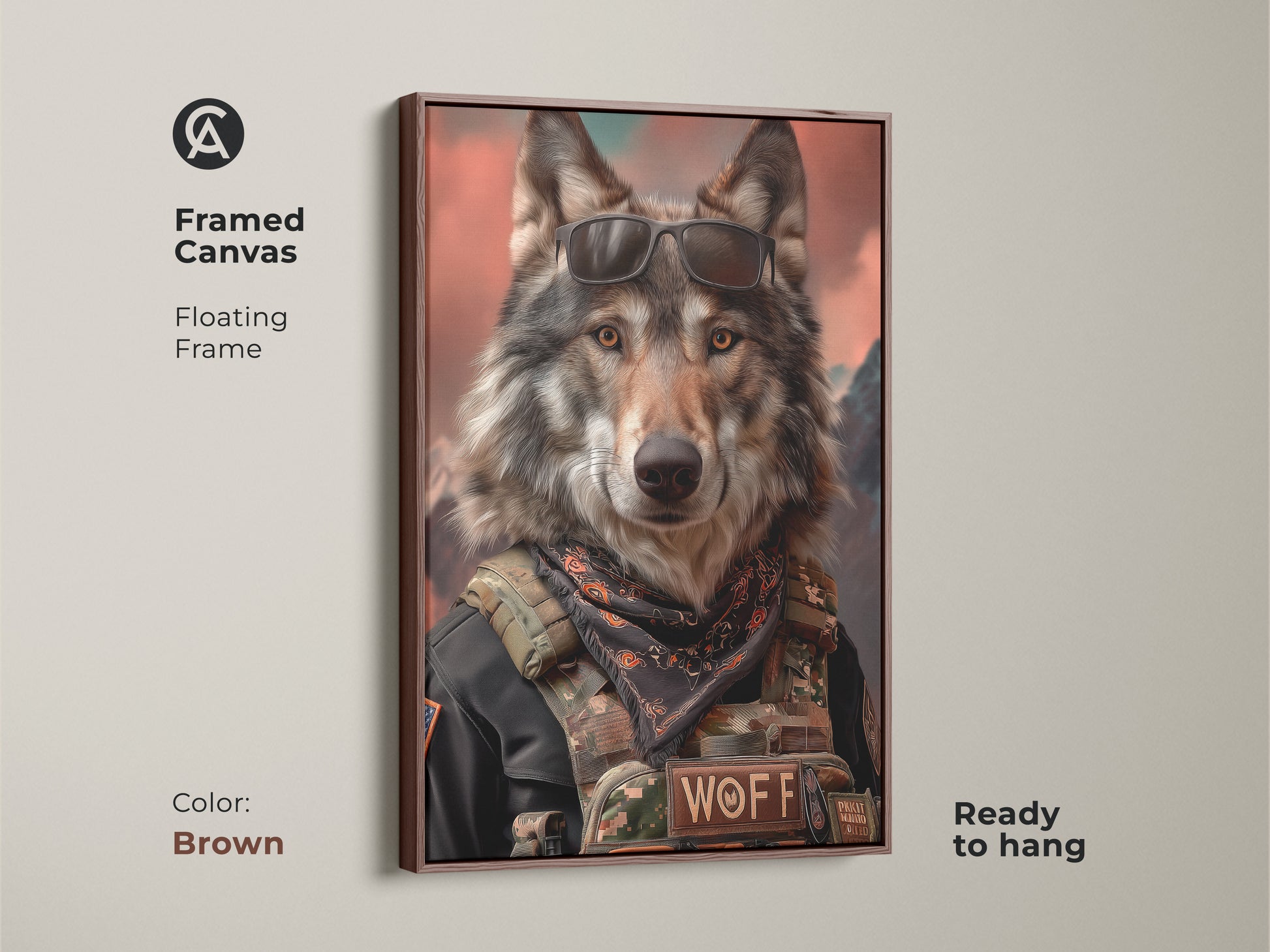 Brown Framed Canvas of a Sunglasses Wolf Artwork. This ready-to-hang canvas showcases a wolf in military gear. Ideal for rustic man cave decor and wildlife art enthusiasts. A unique animal portrait print. This piece brings a touch of the wild to your space. A great gift for wolf lovers and those who appreciate rugged animal art
