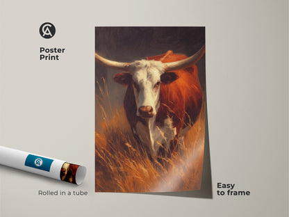 Longhorn bull art printed on a poster. The art is rolled in a tube for protection. It is easy to frame this museum-quality paper print. Buy posters for your home and office walls.