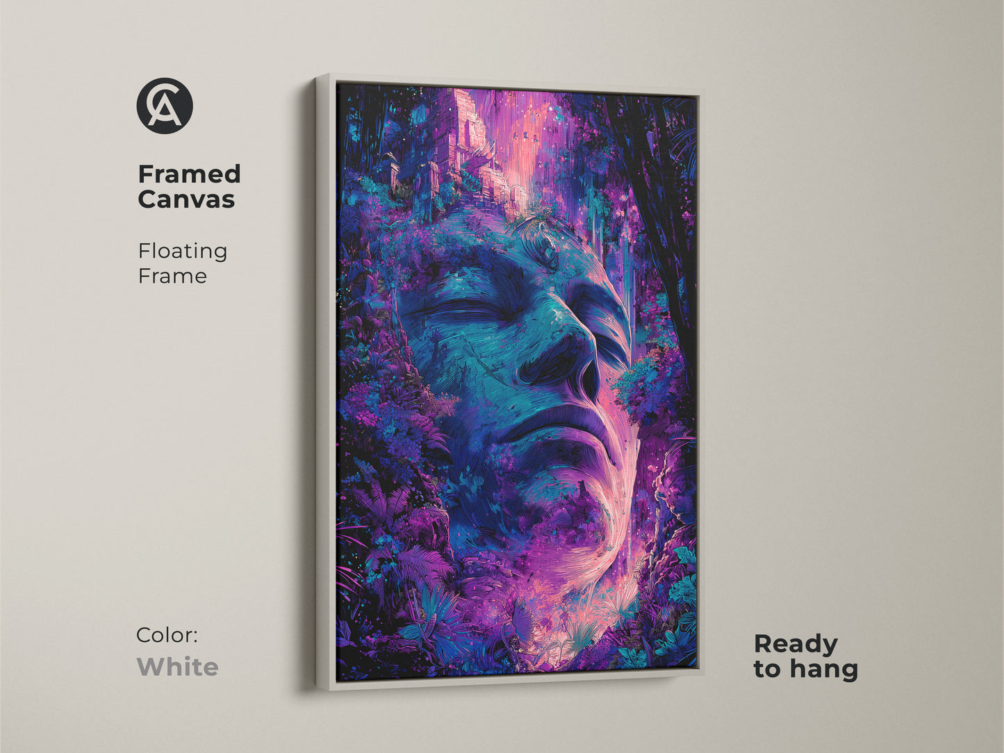 Framed canvas print showcasing a serene face surrounded by lush jungle art. The white floating frame offers a clean modern look. The artwork is a mix of blues and purples. It is ready to hang for easy decor. This framed art complements any color scheme.