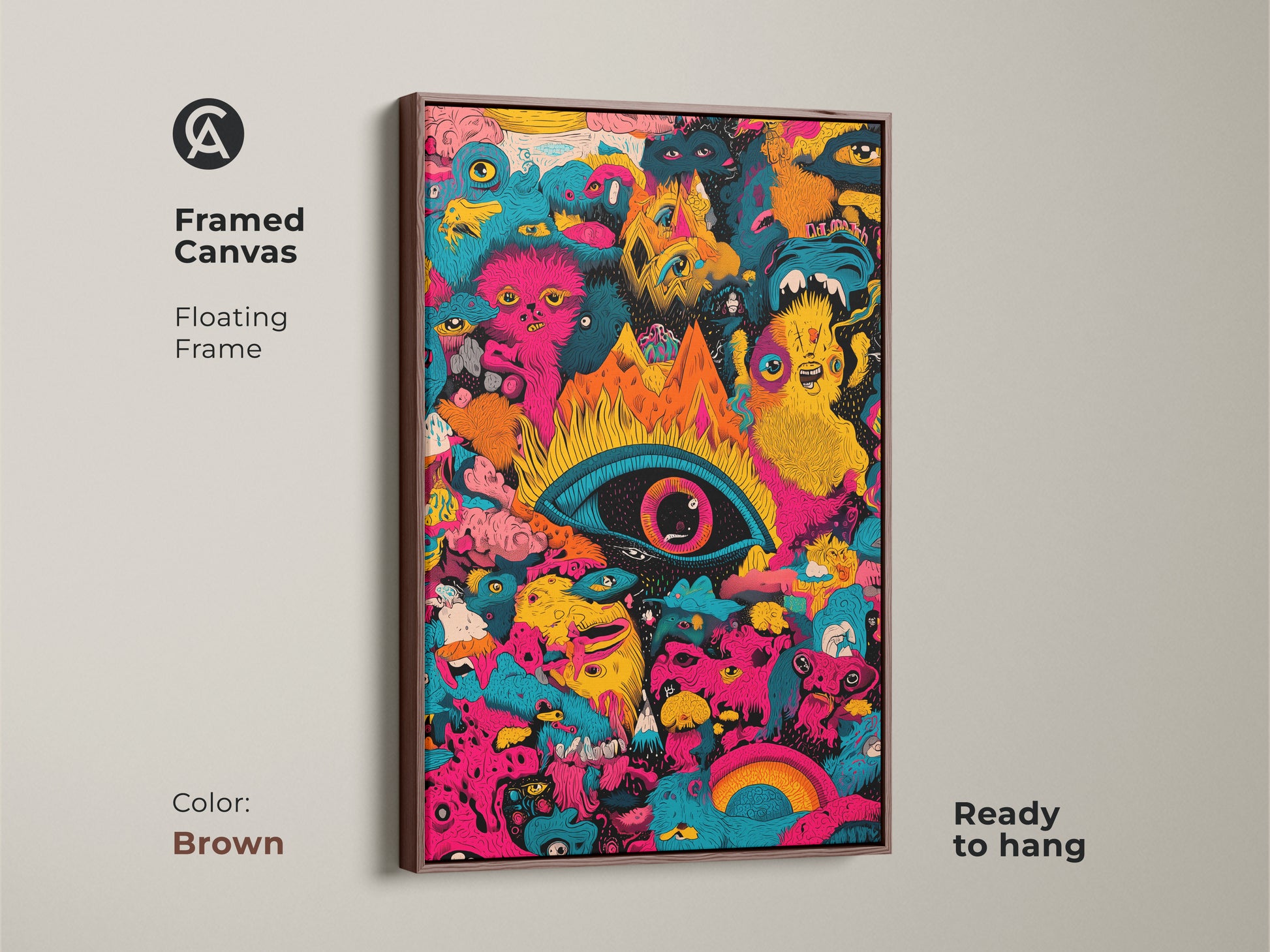 Brown framed canvas print of psychedelic monster art. The artwork features a central eye and bizarre creatures. Ready to hang this floating frame adds a touch of warmth to any room. A bold statement piece for art enthusiasts.