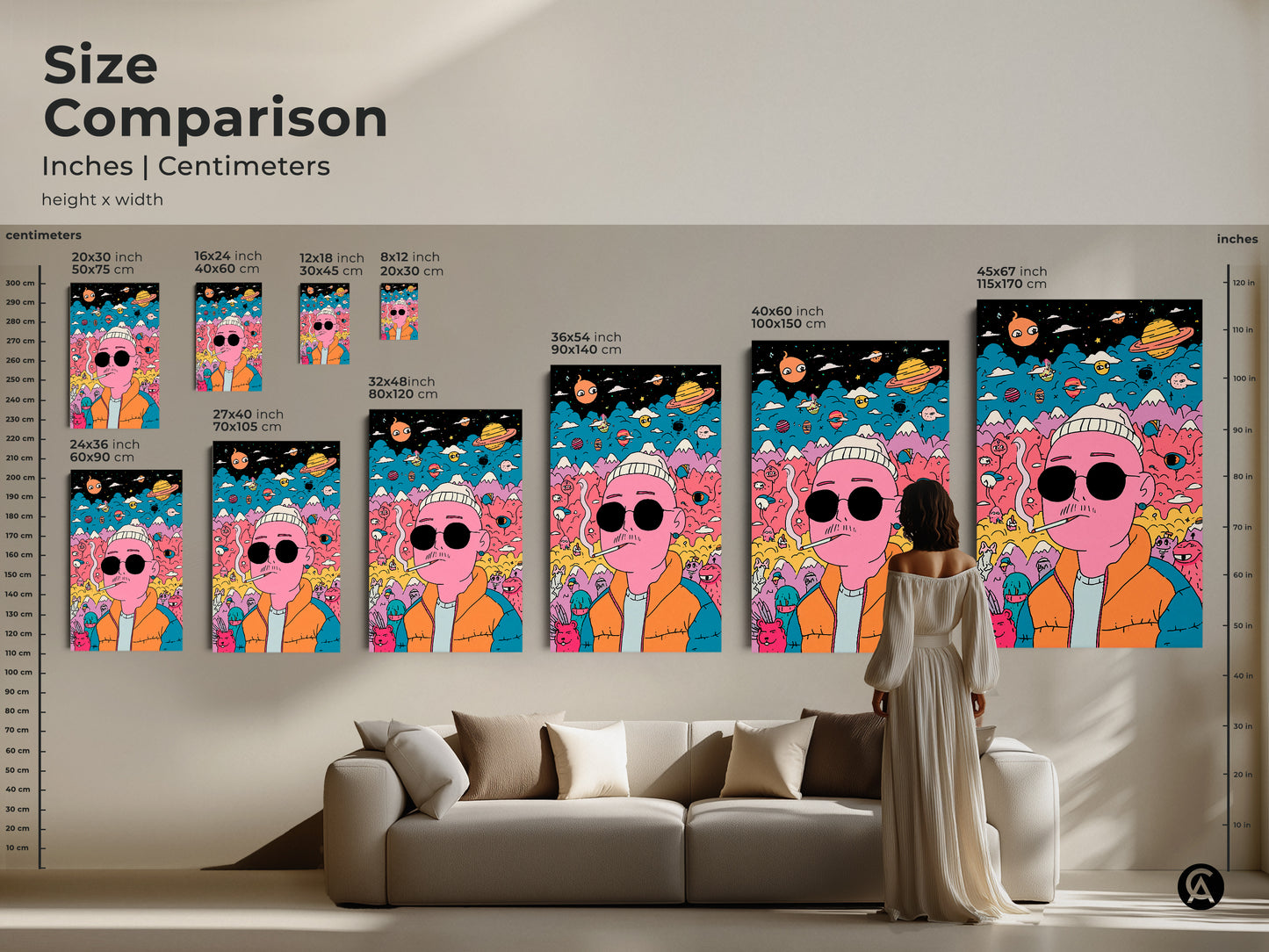 Size comparison of art prints in inches and centimeters. The artwork features a pink man smoking. See how different sizes fit above a sofa. Available in various dimensions. Find the perfect size for your home. Explore our unique art prints now.