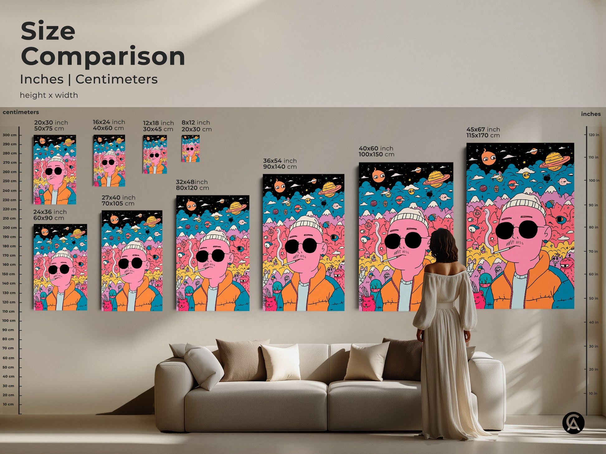 Size comparison of art prints in inches and centimeters. The artwork features a pink man smoking. See how different sizes fit above a sofa. Available in various dimensions. Find the perfect size for your home. Explore our unique art prints now.