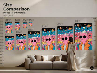 Size comparison of art prints in inches and centimeters. The artwork features a pink man smoking. See how different sizes fit above a sofa. Available in various dimensions. Find the perfect size for your home. Explore our unique art prints now.