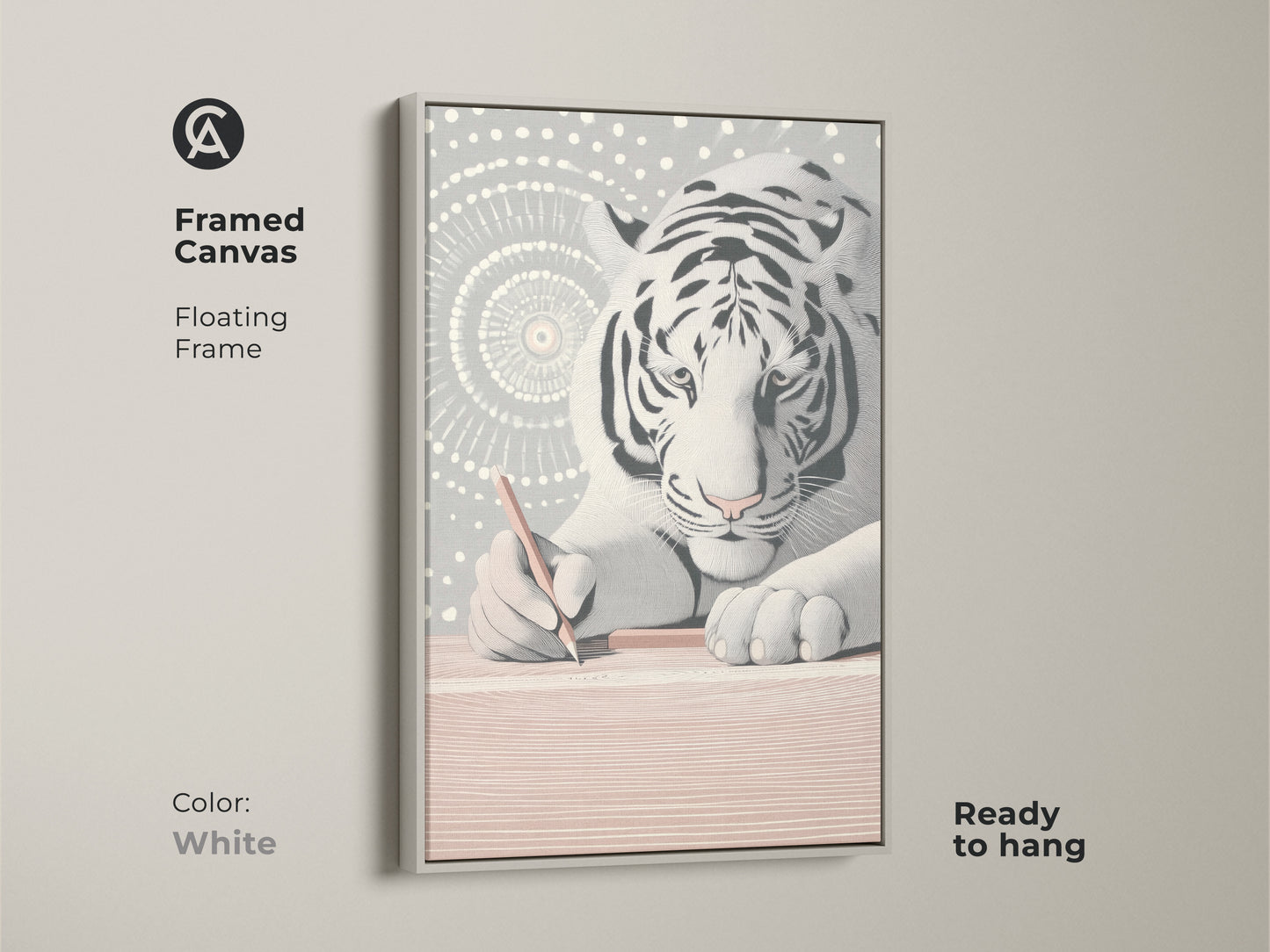 Framed canvas featuring the minimalist white tiger abstract line art. White floating frame complements the modern animal wall decor. This is a refined gift option for artists and creative minds. Elevates the aesthetic of a study room or home office. It is ready to hang.