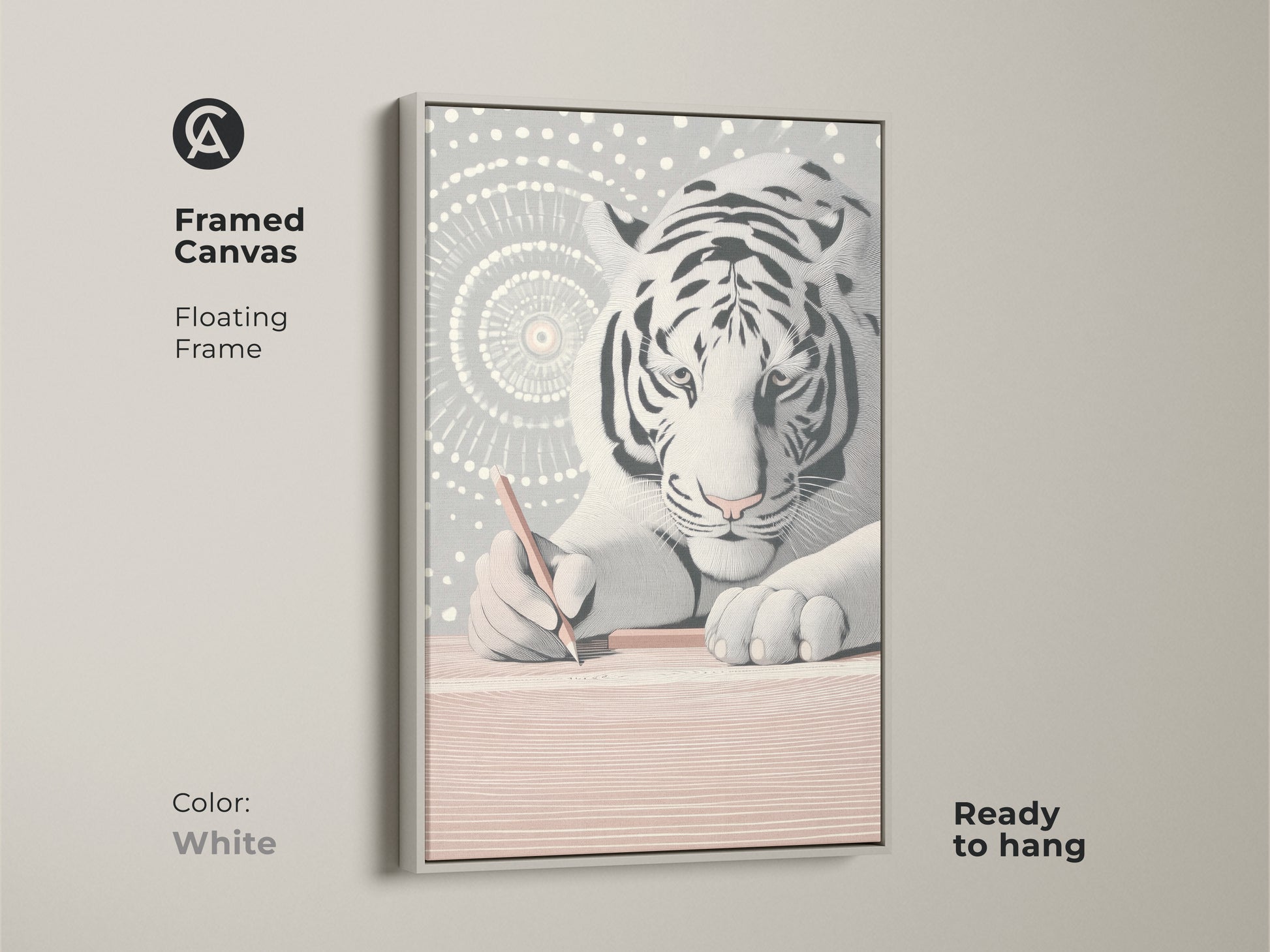 Framed canvas featuring the minimalist white tiger abstract line art. White floating frame complements the modern animal wall decor. This is a refined gift option for artists and creative minds. Elevates the aesthetic of a study room or home office. It is ready to hang.
