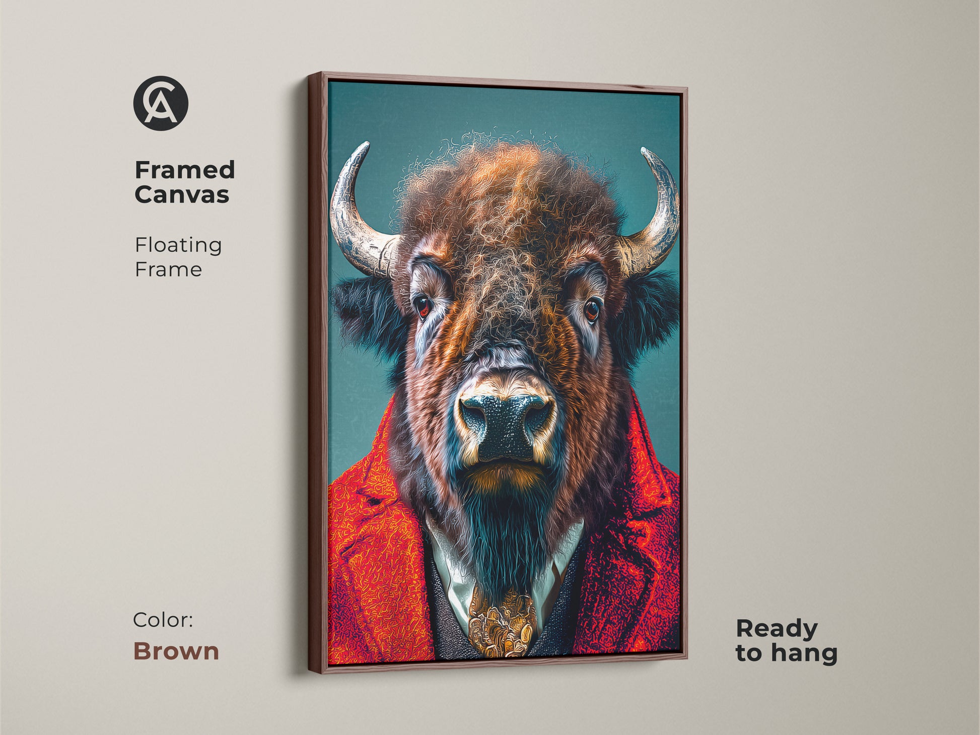 Framed canvas art showcasing a buffalo in a suit with a brown floating frame. This ready-to-hang artwork brings a touch of rustic charm to your home. The brown frame complements the buffalo's rich tones. Ideal for those who love animal-themed decor.