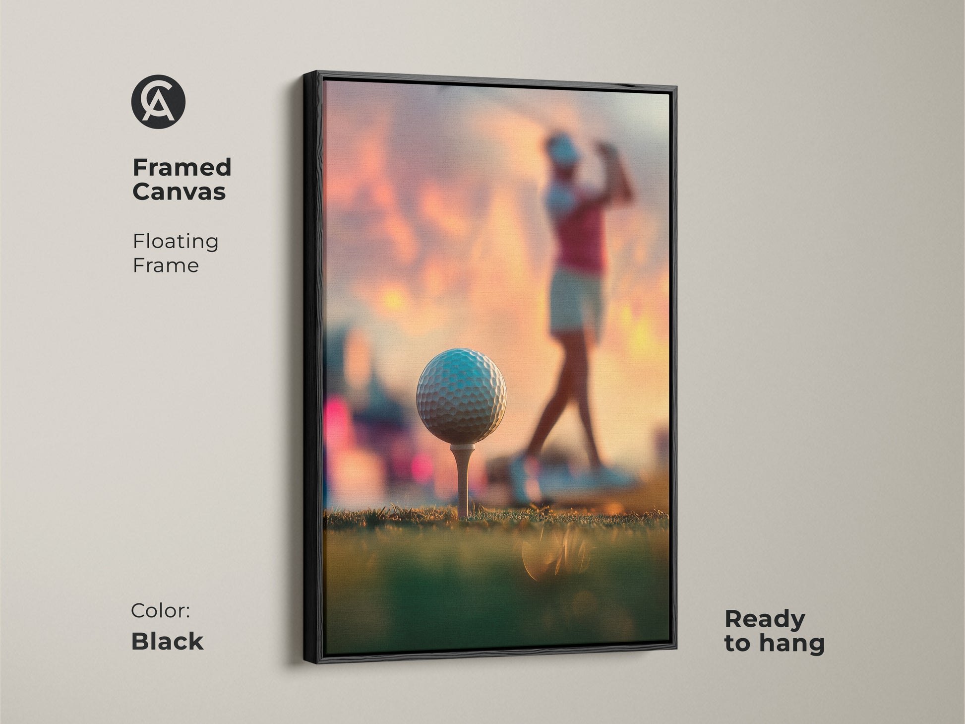 Framed canvas artwork of a woman golfer. Black floating frame adds elegance. Ready to hang and enjoy. This canvas brings a sporty touch to any room. A sophisticated piece for golf enthusiasts. Order this framed art today