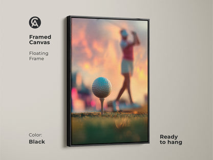 Framed canvas artwork of a woman golfer. Black floating frame adds elegance. Ready to hang and enjoy. This canvas brings a sporty touch to any room. A sophisticated piece for golf enthusiasts. Order this framed art today